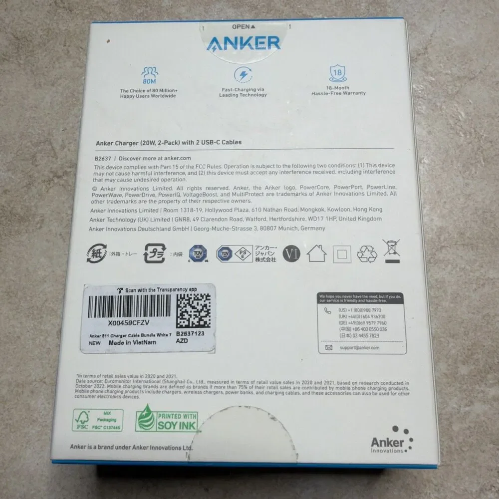 Anker 511 20W USB-C Fast Charger 2-Pack w/ 2Cables And 2Adapters White NEW B2637